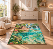 Tropical Lagoon Mermaid Rug in a nursery beside a crib and dresser