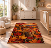 Whiskey and Maple Leaves Rug in a nursery beside a crib and dresser