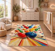 Colorful Falling Pins Rug in a nursery beside a crib and dresser