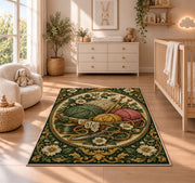Vintage Engraved Yarn Rug in a nursery beside a crib and dresser