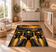 Three Riders Headlights Rug in a nursery beside a crib and dresser