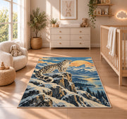 Retro Snow Leopard Poster Rug in a nursery beside a crib and dresser