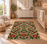Folk Art Birds Rug in a nursery beside a crib and dresser