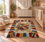 Striped Scarf Border Yarn Rug in a nursery beside a crib and dresser