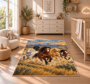 Wild Horses Galloping Rug in a nursery beside a crib and dresser