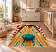 Bowling Lane and Checkers Rug in a nursery beside a crib and dresser