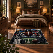 gridiron tunnel football design area rug displayed in a bedroom