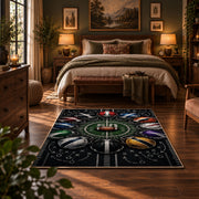 football strategy stadium collage area rug displayed in a bedroom
