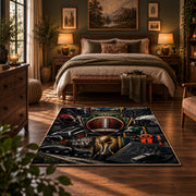 football gear championship collage area rug displayed in a bedroom