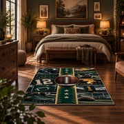 green gridiron jersey design area rug displayed in a bedroom