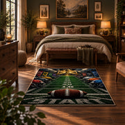 football field goal line scene area rug displayed in a bedroom