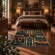 vintage football grid collage area rug displayed in a bedroom