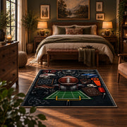 football equipment playbook collage area rug displayed in a bedroom
