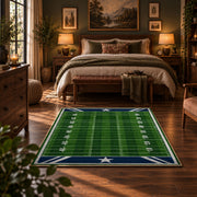 minimal green football field area rug displayed in a bedroom