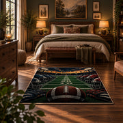 stadium football field scene area rug displayed in a bedroom