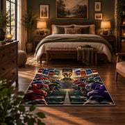 football rivalry helmet lineup area rug displayed in a bedroom