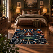 football helmet action collage area rug displayed in a bedroom