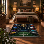 football playoff bracket design area rug displayed in a bedroom