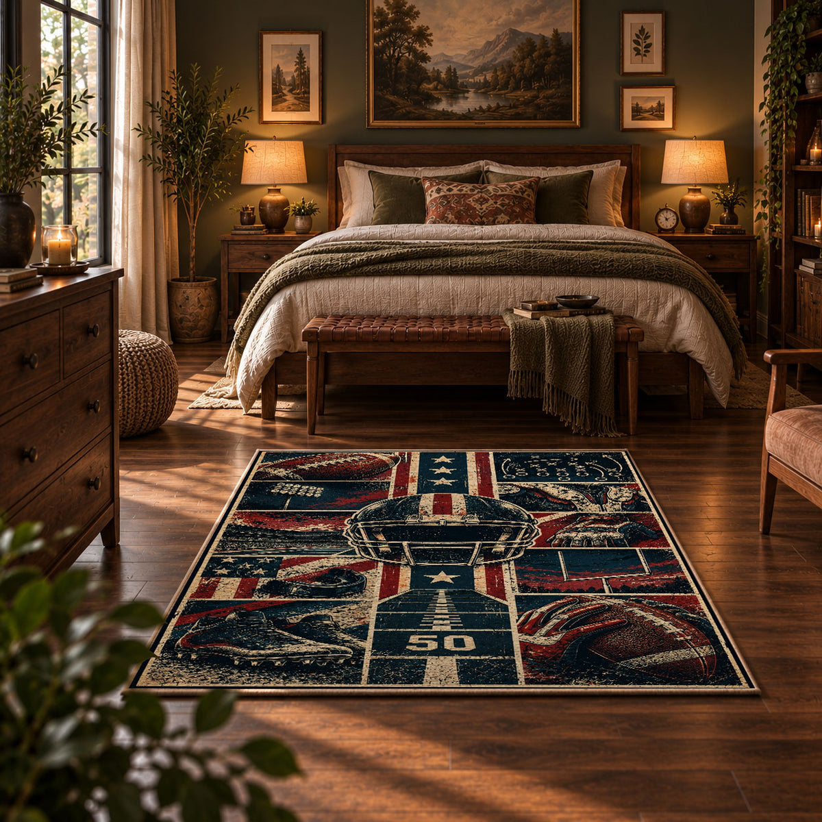 vintage football field collage area rug displayed in a bedroom