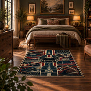 vintage football field collage area rug displayed in a bedroom