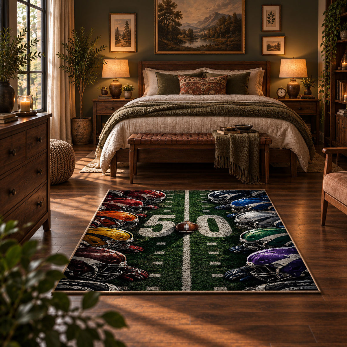 football helmet sideline design area rug displayed in a bedroom