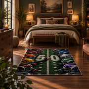 football helmet sideline design area rug displayed in a bedroom