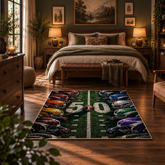 football helmet sideline design area rug displayed in a bedroom