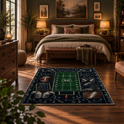 football playbook chalkboard design area rug displayed in a bedroom