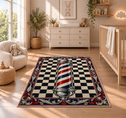 classic barber pole checkered rug in a nursery beside a crib and dresser