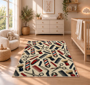 barber tools pattern rug in a nursery beside a crib and dresser