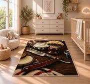 straight razor and shaving brush rug in a nursery beside a crib and dresser