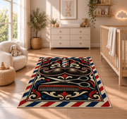 mustache and scissors barber rug in a nursery beside a crib and dresser