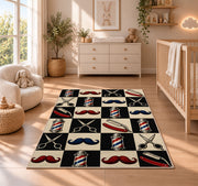 checkered barbershop icons rug in a nursery beside a crib and dresser