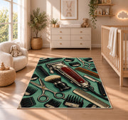vintage hair clipper rug in a nursery beside a crib and dresser