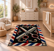 crossed scissors and comb rug in a nursery beside a crib and dresser