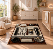 barber tools flat lay rug in a nursery beside a crib and dresser