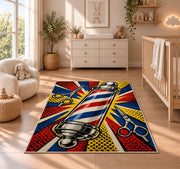 pop art barber pole rug in a nursery beside a crib and dresser