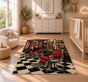 barbershop interior rug in a nursery beside a crib and dresser