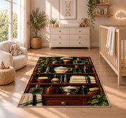 vintage shaving shelf rug in a nursery beside a crib and dresser