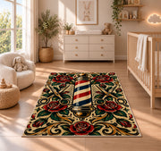 tattoo style barber pole rug in a nursery beside a crib and dresser