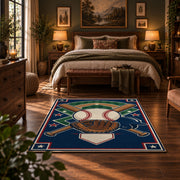 patriotic baseball gear area rug displayed in a bedroom