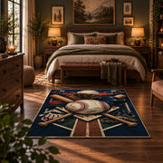 crossed baseball bats and diamond field area rug displayed in a bedroom