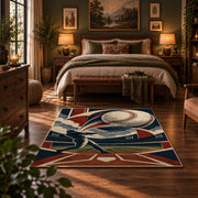 geometric baseball strike design area rug displayed in a bedroom