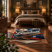 classic baseball typography collage area rug displayed in a bedroom