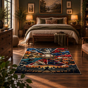 baseball action collage area rug displayed in a bedroom
