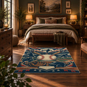 baseball glove and ball collage area rug displayed in a bedroom