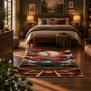 sunset baseball diamond scene area rug displayed in a bedroom