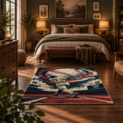 baseball pitcher action design area rug displayed in a bedroom