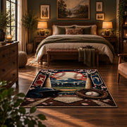 ballpark baseball gear scene area rug displayed in a bedroom