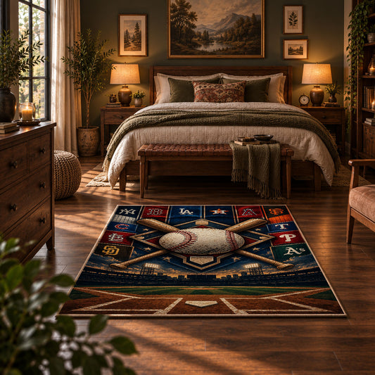 night baseball diamond collage area rug displayed in a bedroom